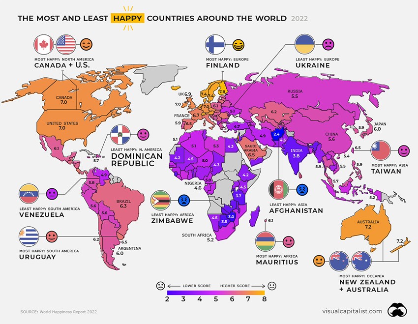 نقشه کشورهای جهان بر اساس گزارش جهانی شادی ۲۰۲۲